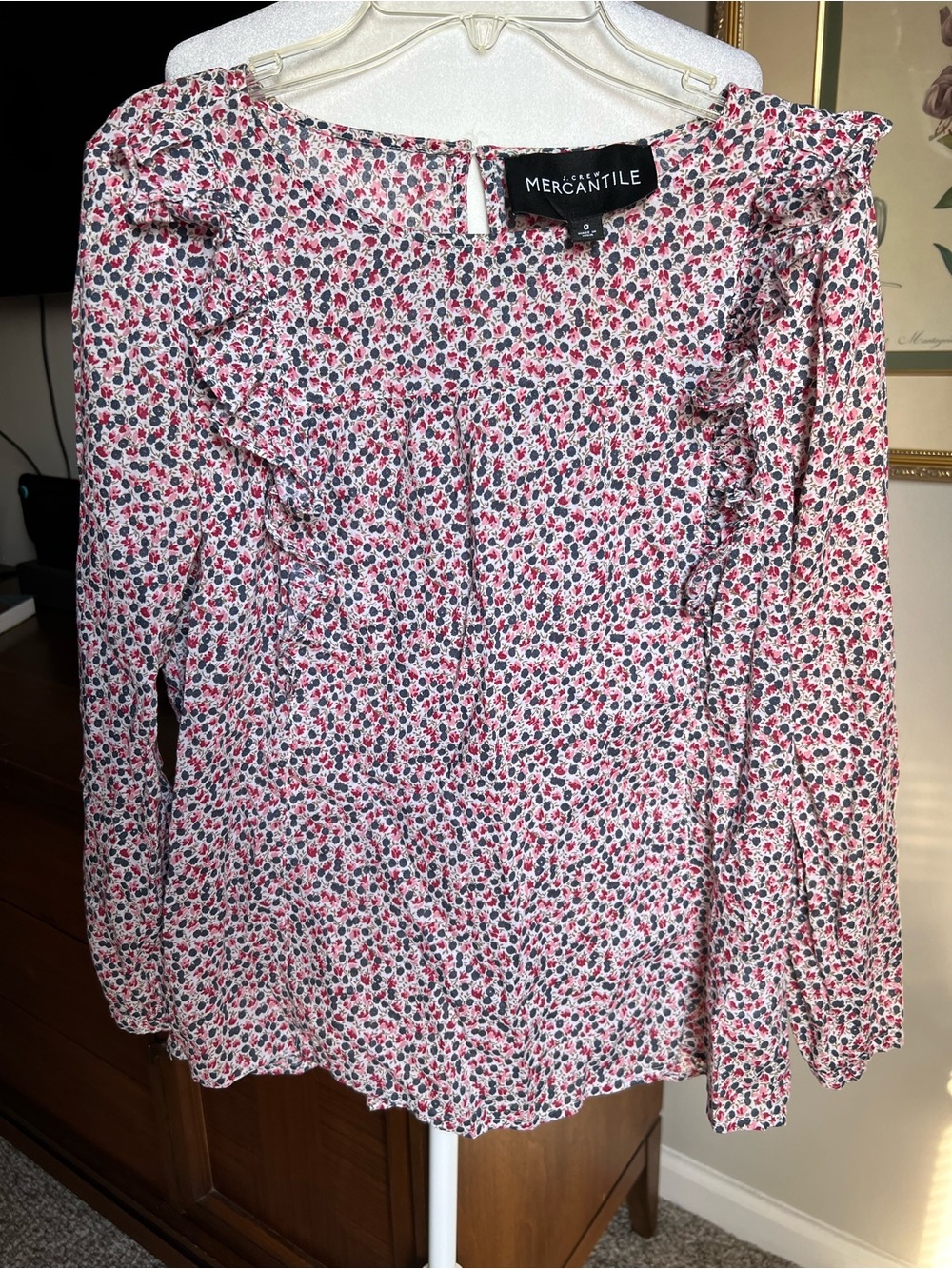 J. Crew Pink and Red Floral Ruffle Blouse